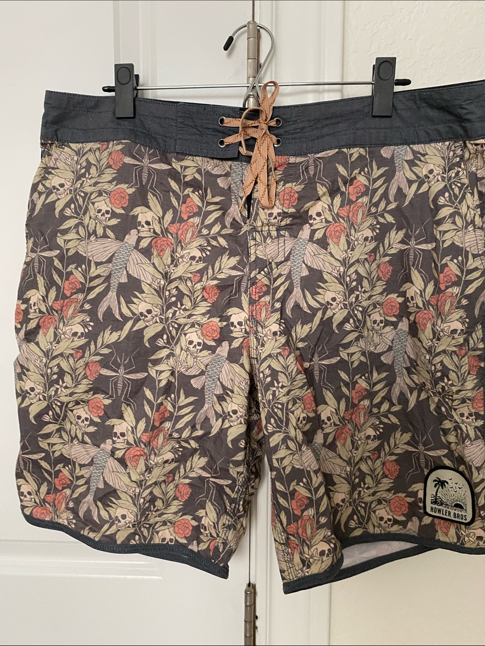 Howler Brothers Floral Skull Swim Shorts - Black, Tan, Red